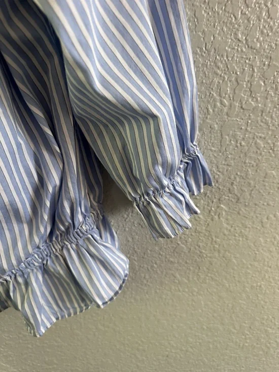 White House Black Market Off Shoulder Embroidered Blouse Blue Stripe Cotton L - Picture 4 of 14